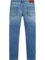 Pantalón de jean azul de corte recto, con cierre de botón y cremallera, cinco bolsillos y logo de Tommy Hilfiger en la parte trasera.