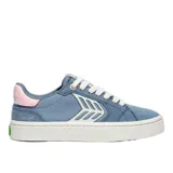 Championes urbanos de lona color celeste con detalles en rosa y logo en blanco.
