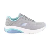 Championes Skechers Skech-Air Extreme 2.0 Classic Vibe, color gris con detalles en celeste y blanco. Capellada de malla tejida, plantilla Air Cooled Memory Foam y media suela con cámara de aire Skech-Air visible.
