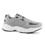 Championes Hi-Tec Harlan para hombre, color azul marino con detalles en gris y blanco. Zapatillas deportivas con suela gruesa blanca y logo de la marca en el lateral.