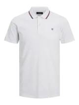 Camiseta polo blanca de manga corta marca Jack & Jones, con cuello clásico a rayas rojas y verdes, cierre de botones y corte slim fit.