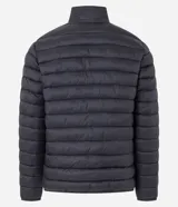 Campera puffer ultraligera color beige, con cuello alto, cierre por cremallera y bolsillos con cremallera. Incluye bolso de almacenamiento.
