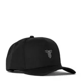 Gorro tipo trucker color negro con logo plateado bordado en el frente.