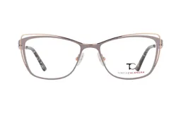 Armazón para lentes de metal color gris con detalles dorados, de forma rectangular con bordes redondeados y patillas con diseño carey.