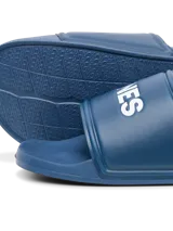 Sandalia azul marino de goma, con la inscripción "JONES" en blanco en la tira superior y el logo de Jack & Jones en la plantilla.