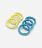 Set de seis gomitas de pelo elásticas sin costura, tres de color amarillo y tres de color celeste.