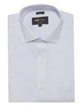 Camisa de vestir celeste a rayas verticales, de corte regular, con cuello italiano, manga larga y bolsillo en el pecho con logo bordado.
