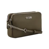 Bandolera Guess Tidewood chica color verde oliva, con doble compartimento con cierre y correa de cadena plateada.