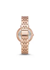 Reloj Fossil para mujer, con caja y pulsera de acero inoxidable color oro rosa, bisel con cristales, esfera color crema con números romanos y agujas doradas.