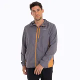 Cortaviento gris con detalles en naranja, ultra liviano, de secado rápido, con capucha y bolsillos internos.