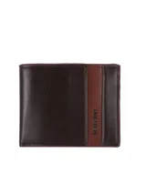 Billetera de símil cuero color marrón oscuro con una franja vertical marrón claro en el frente con la marca "Terrano" grabada.