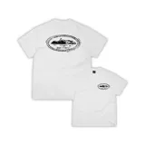 Camiseta blanca de algodón con estampado en la espalda y en el pecho con un diseño de isla y texto circular.