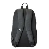 Mochila Rip Curl Ozone 30L School negra con bolsillo frontal con diseño a rayas horizontales en tonos azul, naranja y blanco.
