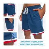 Shorts de baño azul marino con vivos blancos y rojos, edición 2024, diseñados y confeccionados artesanalmente en Uruguay.