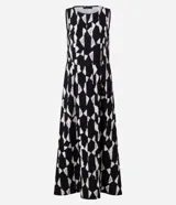 Vestido evasé midi, sin mangas, con escote redondo, recorte en la cintura y estampado geométrico con efecto blur.