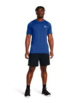 Short deportivo Under Armour Vanish Woven de hombre, color celeste con calza interior negra y logo estampado en la pierna izquierda.