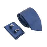 Set de corbata, pañuelo de bolsillo y gemelos color azul con diseño de micro puntos.