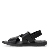 Sandalias de hombre color marrón oscuro, con tiras anchas de cuero texturizado que se cruzan sobre el empeine y una tira ajustable con velcro en el talón. Suela negra gruesa.