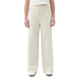 Pantalón palazzo de tejido liso color crema, tiro alto con cintura elástica y cordón ajustable. Corte ancho y pierna recta.