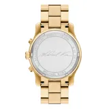 Reloj Michael Kors modelo Runway, color dorado, con caja redonda de 38mm, cronógrafo, función de fecha, cristal mineral y pulsera de acero con cierre desplegable. Resistente al agua hasta 100 metros.