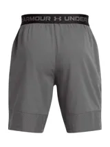 Short deportivo Under Armour Woven 8in, color azul con logo en la pierna izquierda y cintura elástica con cordón ajustable. Confeccionado con tejido ligero y transpirable de secado rápido.