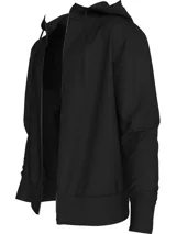 Buzo negro con capucha, cierre frontal completo, bolsillos laterales y cinta con logo de Calvin Klein en los hombros.