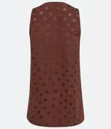 Blusa sin mangas color marrón con estampado de hojas, cuello de pico y textura jacquard.