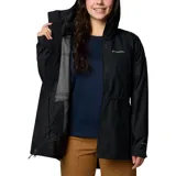 Campera impermeable Columbia Hikebound II Long para mujer, color negro, con capucha ajustable, cierre frontal con solapa, cintura ajustable con cordón, puños ajustables, bolsillo oculto en el pecho y bolsillos con cremallera para las manos. Ideal para senderismo.