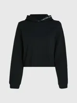Buzo cropped negro de punto milano con capucha y mangas largas. Tiene puños de canalé y bajo elástico. El logo de Calvin Klein Jeans está bordado en la capucha.