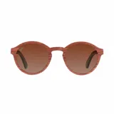 Lentes de sol Indie modelo Hill con montura redonda de madera color marrón y lentes marrones degradados.