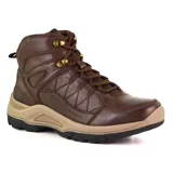 Bota de cuero marrón con cordones, suela de goma y cuello acolchado.