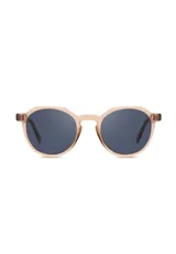 Lentes de sol redondos con marco color champagne y lentes grises. Fabricados con acetato biodegradable y lentes de PMMA reciclado.