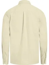 Camisa de algodón regenerativo color beige, con cierre frontal de botones y doble bolsillo en el pecho.