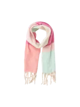 Bufanda tejida de punto a rayas horizontales en tonos rosa, blanco y verde agua, con flecos en los extremos.