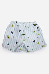 Short de baño con estampado color durazno y diseño gráfico, dotado de bolsillos y tela ligera de rápido secado.