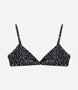 Top de bikini triangular con estampado de lunares, breteles ajustables y lazo en la espalda. Confeccionado en microfibra con rellenos removibles.