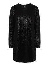 Vestido corto negro de lentejuelas con cuello redondo y mangas largas.