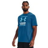 Remera Under Armour azul con logo y nombre de la marca estampados en el pecho.