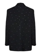 Blazer negro de corte oversize con solapas de muesca, cierre con dos botones y bolsillos delanteros con solapa. Decorado con pequeños cristales plateados.
