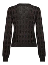 Sweater de punto negro con diseño de rombos y detalles dorados brillantes, cuello redondo y mangas largas abullonadas.