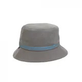 Gorro piluso gris con cinta decorativa celeste y gris.