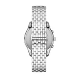 Reloj Emporio Armani modelo AR11581, con caja y pulsera de acero inoxidable plateado, esfera verde sunray, subesferas plateadas y cristal mineral. Resistente al agua hasta 50 metros.
