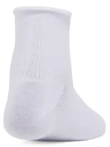 Pack de tres pares de medias Under Armour Essential, de corte tobillero, color blanco con detalles en lila y logo de la marca.