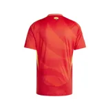 Camiseta de fútbol Adidas de la selección española, modelo Primera Equipación 2024. Diseño rojo con estampado tonal inspirado en el clavel y las olas del mar, detalles en amarillo en cuello, hombros y laterales. Incluye logo de Adidas, escudo de la selección y detalle de clavel en la nuca.