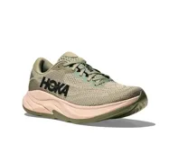 Championes de running Hoka Rincon 4, color verde con detalles en negro y suela en tonos rosa y verde.