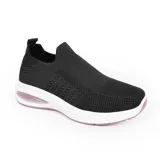 Championes deportivos de mujer color gris, tipo slip-on, con capellada tejida, suela blanca con detalles en verde agua y tirador trasero.