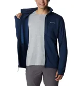Campera polar Columbia Park View Fleece, color azul jaspeado, con cierre frontal completo, cuello alto, bolsillos laterales con cierre y bolsillo en el pecho con cierre vertical en color verde lima. Cuenta con tecnología Omni-Wick, puños elásticos con orificios para pulgares y protector de barbilla.