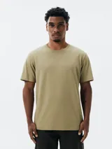 Remera básica de manga corta color gris claro, con cuello redondo.
