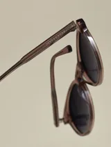 Lentes de sol de montura redonda en tono marrón rosado translúcido, con lentes oscuros degradados de negro a gris claro.