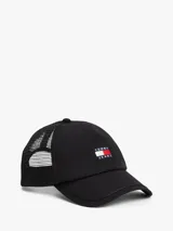 Gorra de béisbol negra con paneles de malla blanca en la parte trasera y logo de Tommy Jeans bordado en el frente.